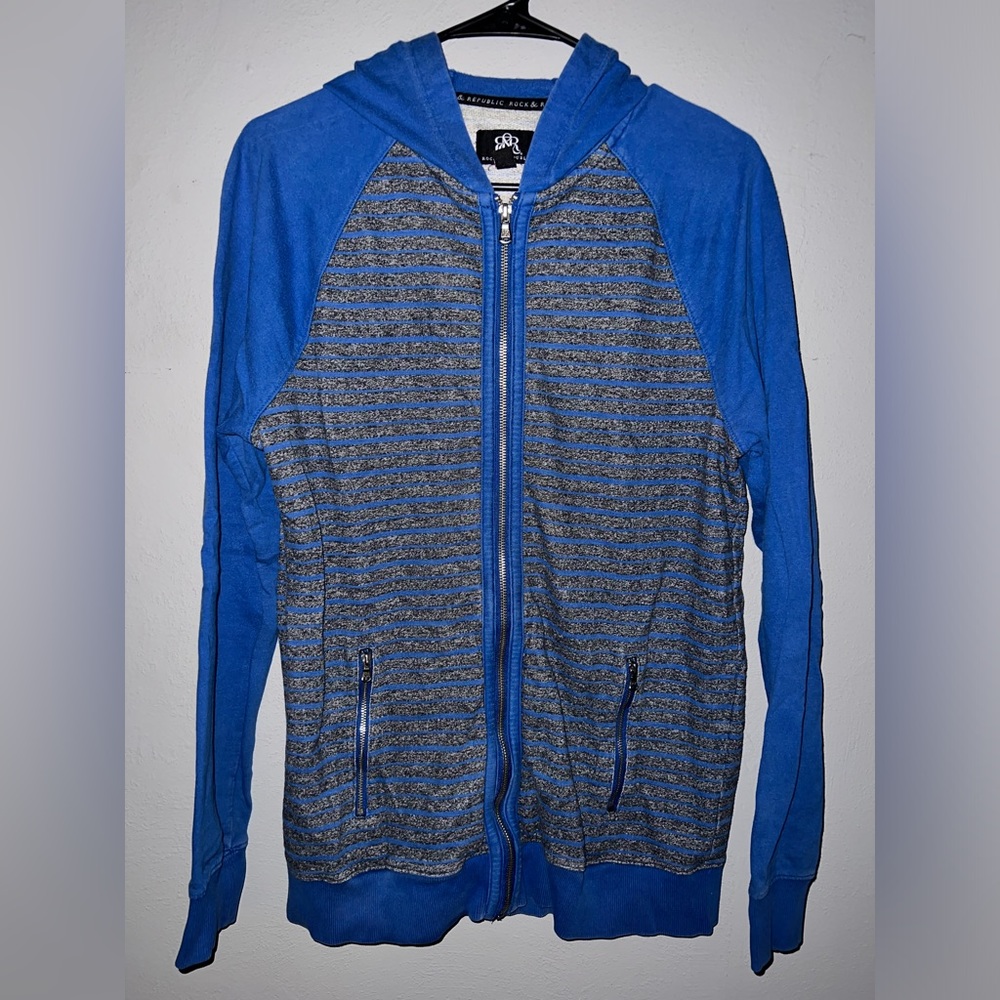 Rock and Republic blue and gray striped medium zip up hoodie